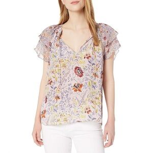 Velvet By Graham & Spencer Angle Floral Tie Neck Flutter Sleeve Top